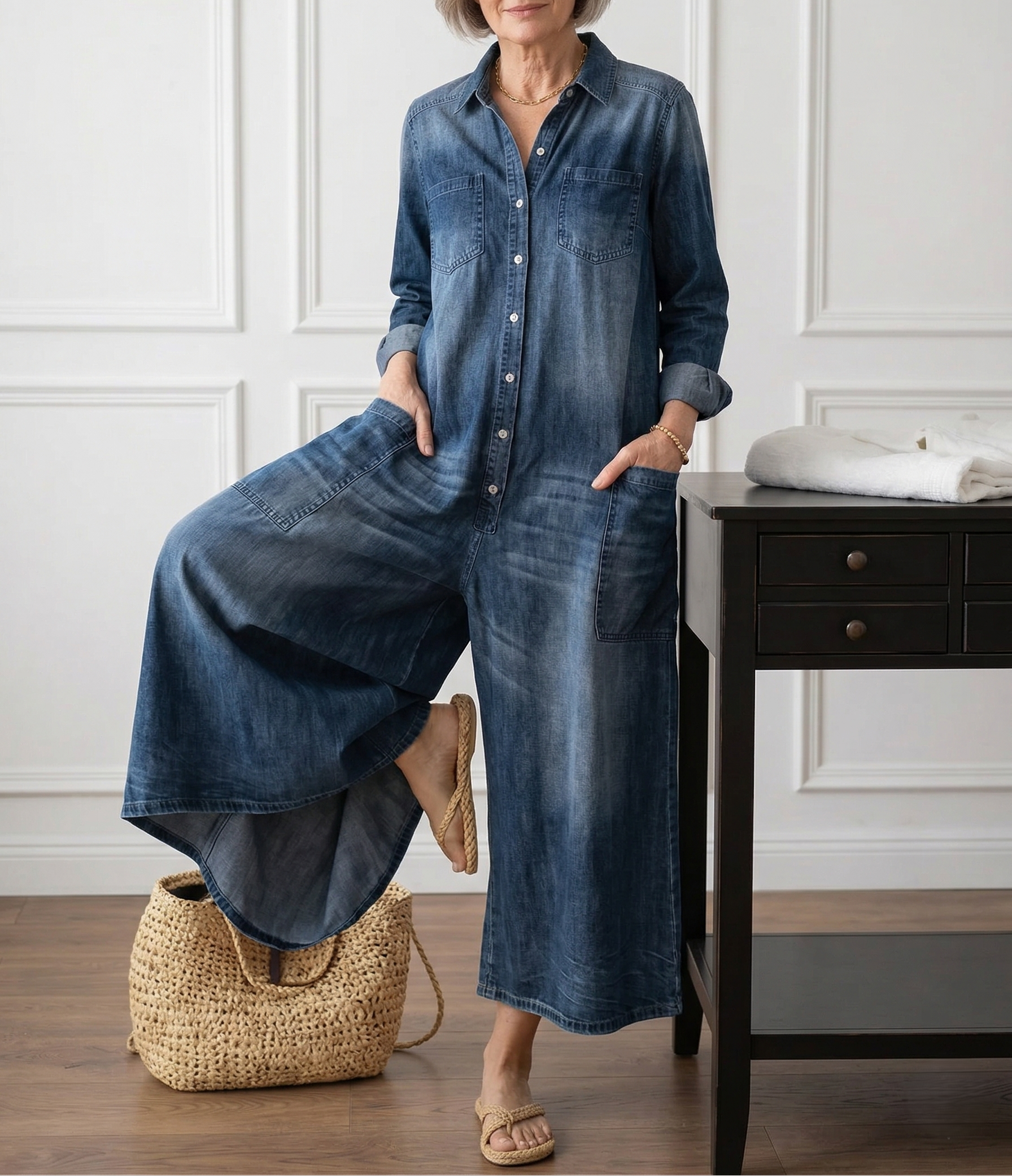 Diana | Vintage washed soft cotton denim button-up jumpsuit
