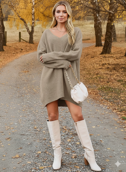 V-Neck Dropped Shoulder Sweater Dress