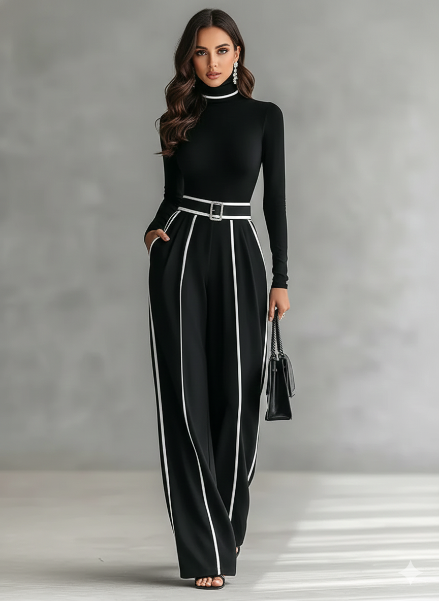 Refined High-Neck Top & Wide-Leg Pants Set (Free Belt)