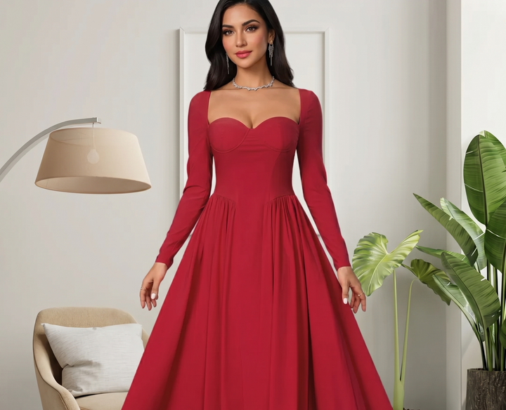AKILA™ - Elegant Heart Neckline Long Sleeve A-Line Maxi Dress