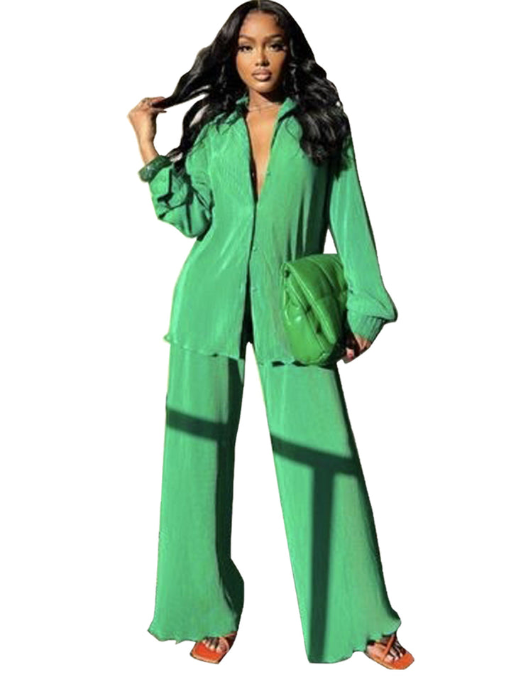 CLEO™ – Chic Collared Long Sleeve and Wide-Leg Trouser Set