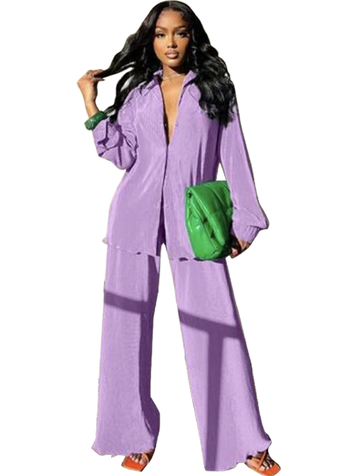 CLEO™ – Chic Collared Long Sleeve and Wide-Leg Trouser Set