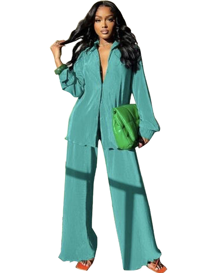 CLEO™ – Chic Collared Long Sleeve and Wide-Leg Trouser Set
