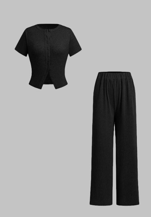 MIRANDA™ - Casual Button Front Top and Wide Leg Trousers Set