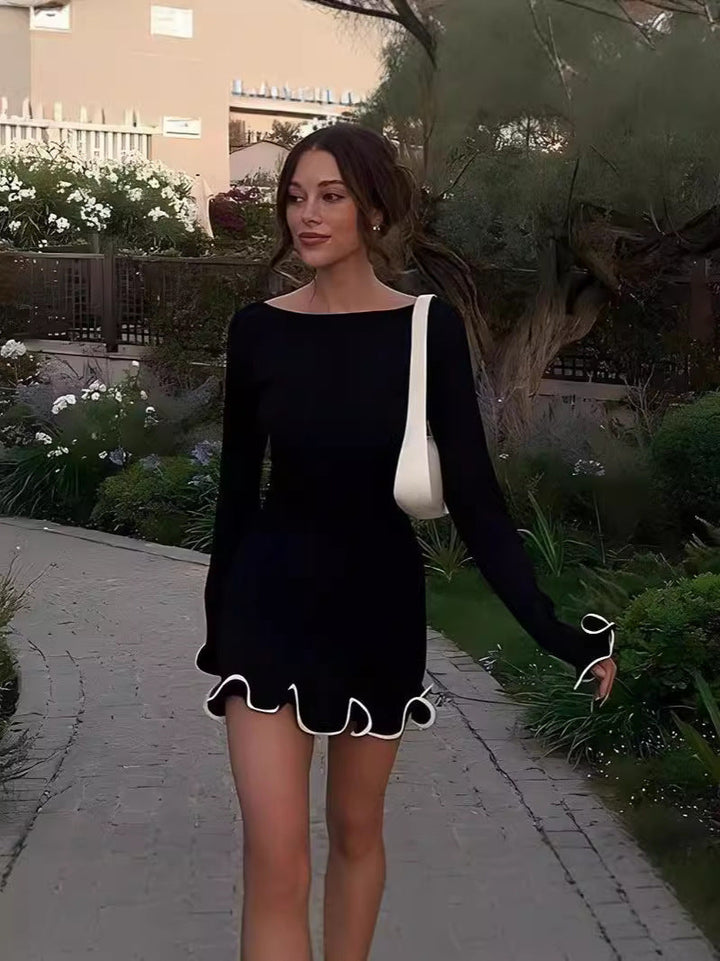 SARAH™ - Elegant Colourblock Wave Hem A-Line Long Sleeve Dress
