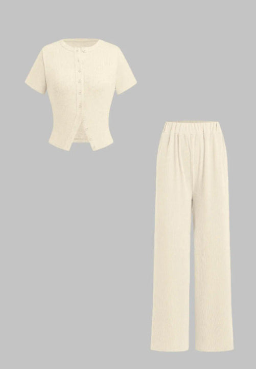 MIRANDA™ - Casual Button Front Top and Wide Leg Trousers Set