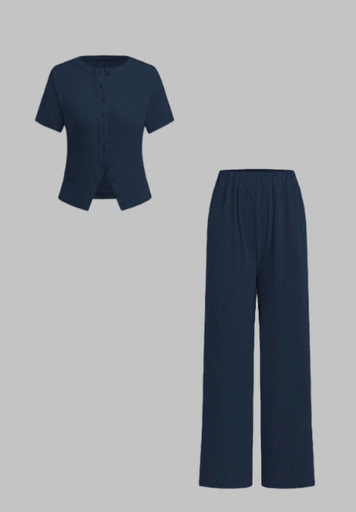 MIRANDA™ - Casual Button Front Top and Wide Leg Trousers Set