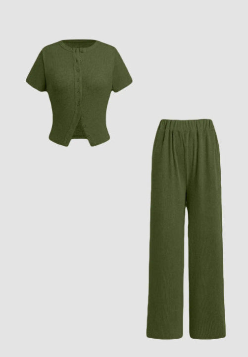 MIRANDA™ - Casual Button Front Top and Wide Leg Trousers Set