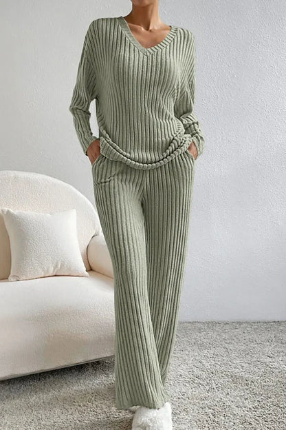 Women’s Rib-Knit Loungewear Set – Comfortable V-Neck Top & Wide-Leg Trousers