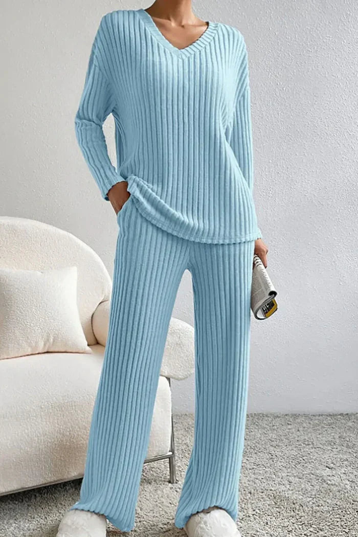 Women’s Rib-Knit Loungewear Set – Comfortable V-Neck Top & Wide-Leg Trousers