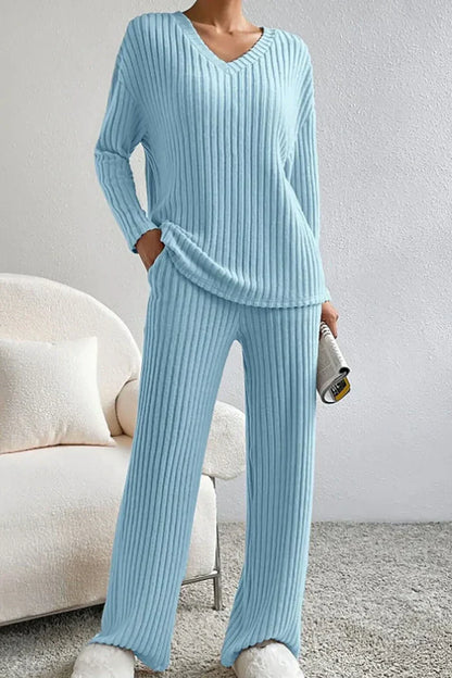 Women’s Rib-Knit Loungewear Set – Comfortable V-Neck Top & Wide-Leg Trousers