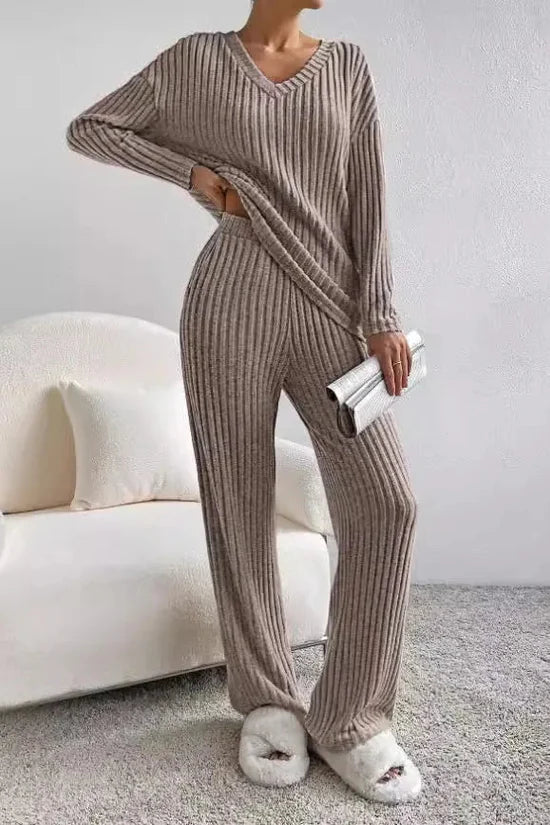 Women’s Rib-Knit Loungewear Set – Comfortable V-Neck Top & Wide-Leg Trousers