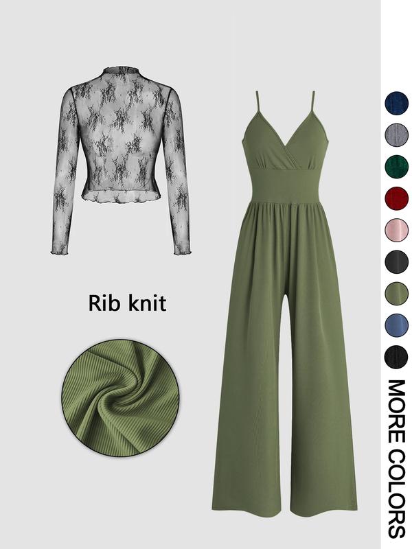 MARYAM™ - Solid Colour Lace Tee & Pocket Jumpsuit Set