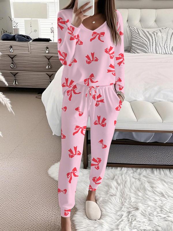 HALLIE™ - Bow Print V-Neck Long Sleeve Top & Tie Waist Trousers Set