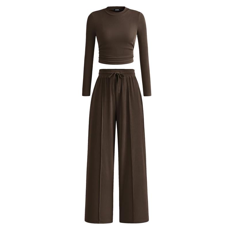 MIRELA™ - Ribbed Knit Long Sleeve Crop Top and Matching Trousers Set