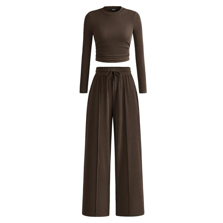 MIRELA™ - Ribbed Knit Long Sleeve Crop Top and Matching Trousers Set