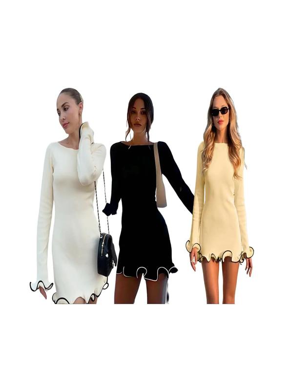 SARAH™ - Elegant Colourblock Wave Hem A-Line Long Sleeve Dress