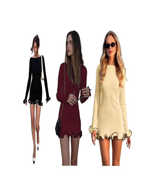 SARAH™ - Elegant Colourblock Wave Hem A-Line Long Sleeve Dress