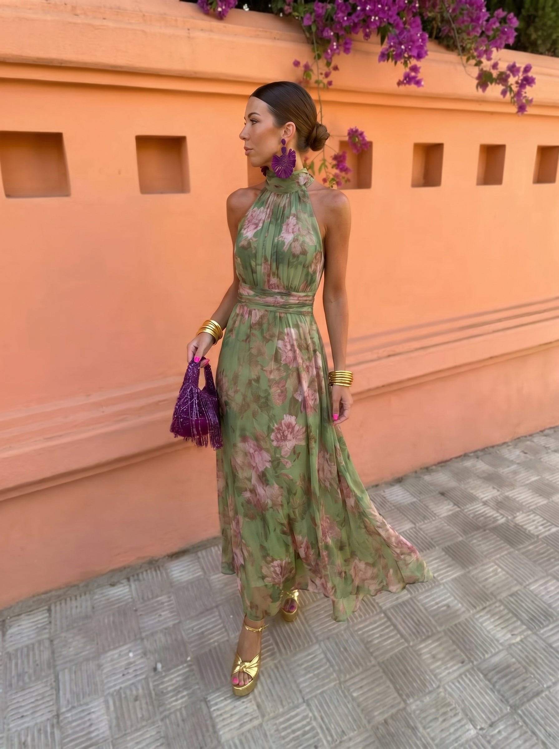 Florence — Deep Neck Floral Maxi Dress Green