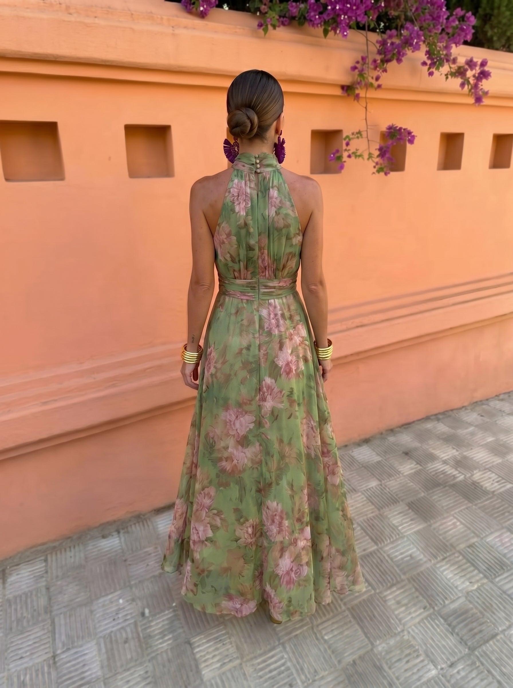 Florence — Deep Neck Floral Maxi Dress Green