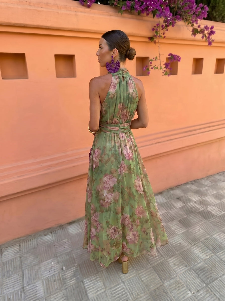 Florence — Deep Neck Floral Maxi Dress Green
