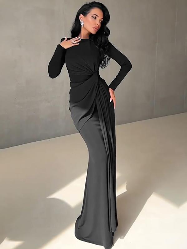 ANNA™ - Elegant Solid Colour Ruched Padded Shoulder Bodycon Dress