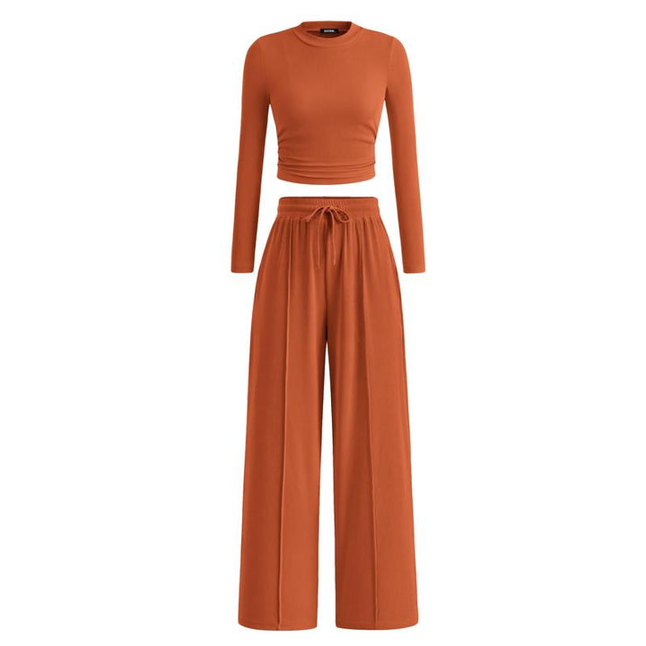 MIRELA™ - Ribbed Knit Long Sleeve Crop Top and Matching Trousers Set