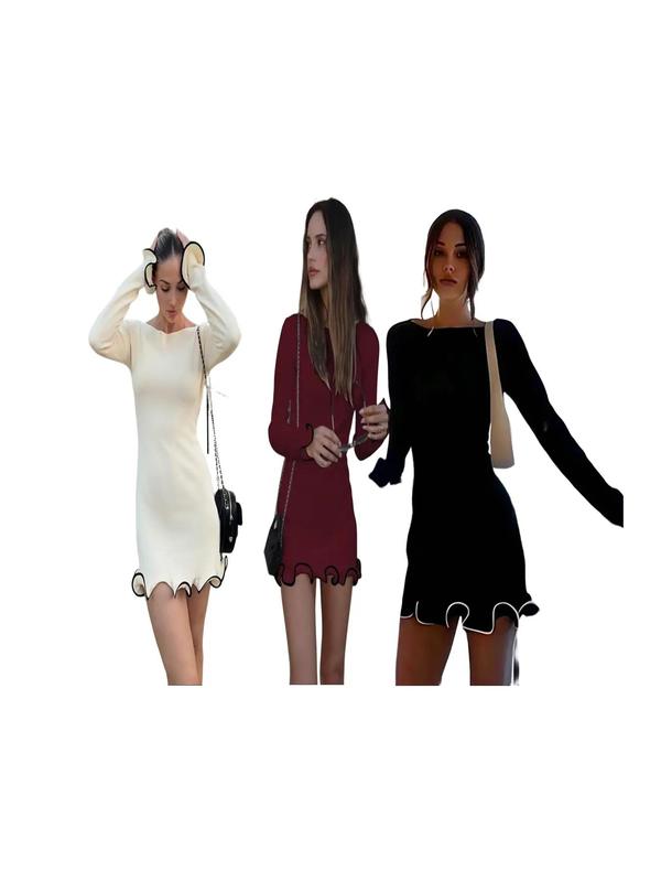 SARAH™ - Elegant Colourblock Wave Hem A-Line Long Sleeve Dress