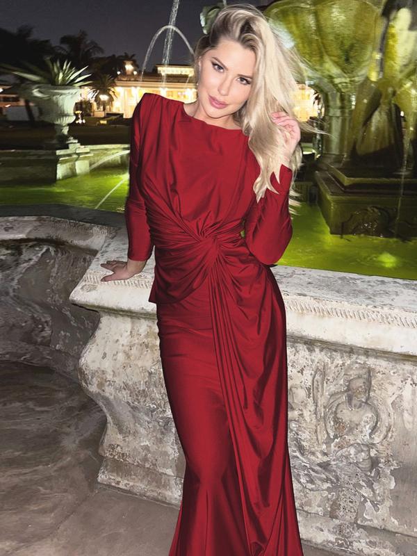 ANNA™ - Elegant Solid Colour Ruched Padded Shoulder Bodycon Dress