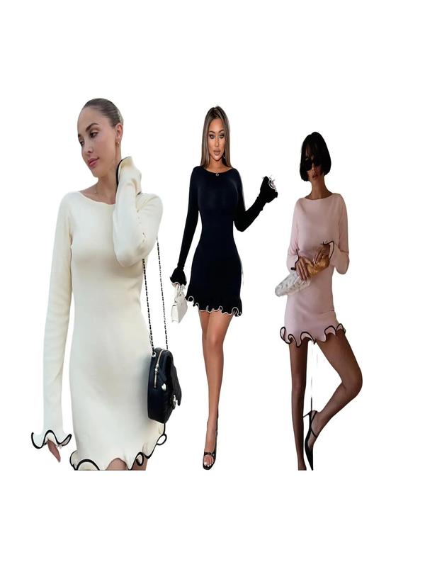 SARAH™ - Elegant Colourblock Wave Hem A-Line Long Sleeve Dress