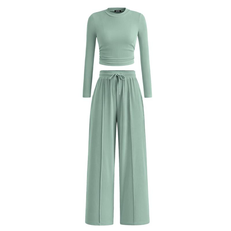 MIRELA™ - Ribbed Knit Long Sleeve Crop Top and Matching Trousers Set