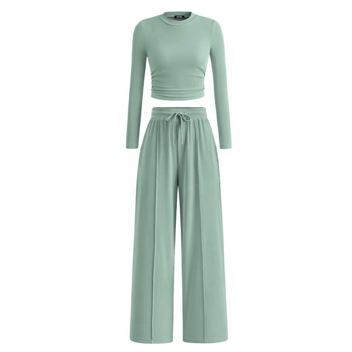 MIRELA™ - Ribbed Knit Long Sleeve Crop Top and Matching Trousers Set