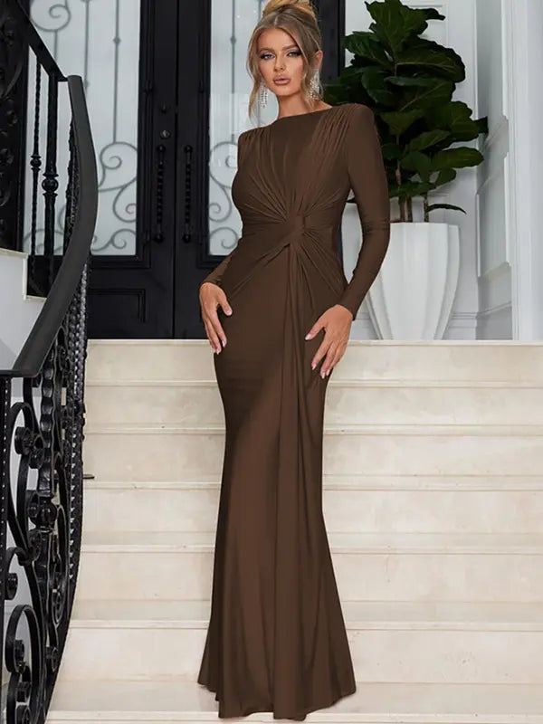 JOSALIE™ - Elegant Ruched Bodycon Dress with Padded Shoulders & Long Sleeves