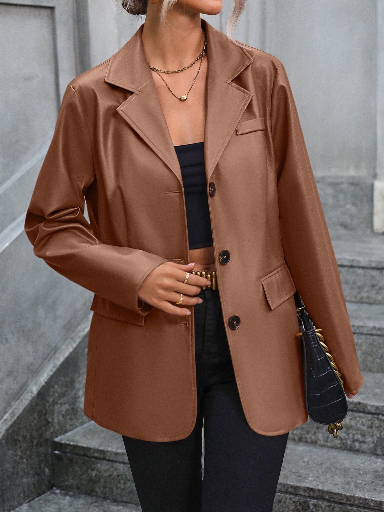 Léa – Leather Blazer with Lapels – for Women