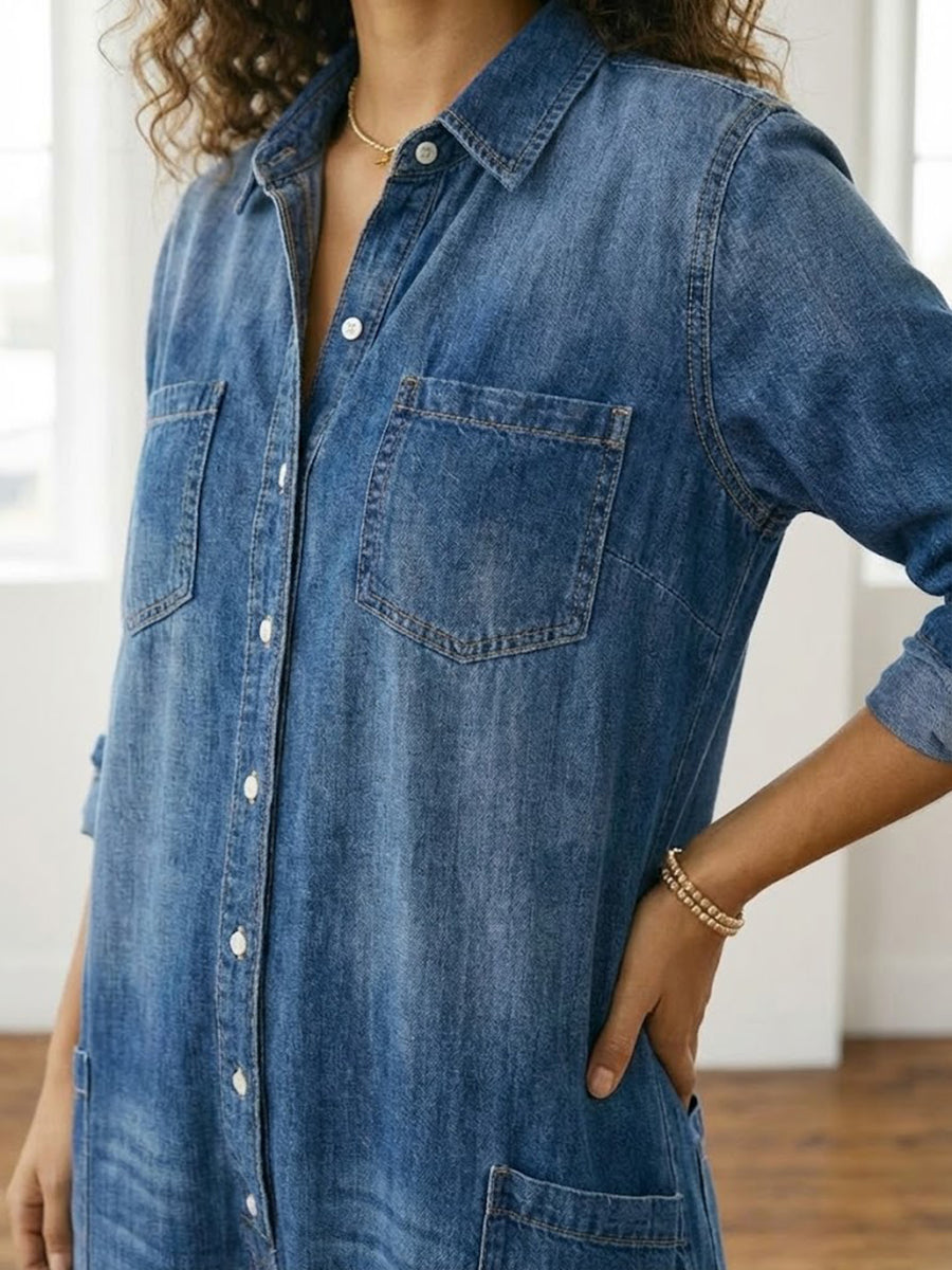 Diana | Vintage washed soft cotton denim button-up jumpsuit