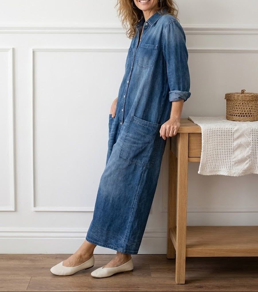 Diana | Vintage washed soft cotton denim button-up jumpsuit