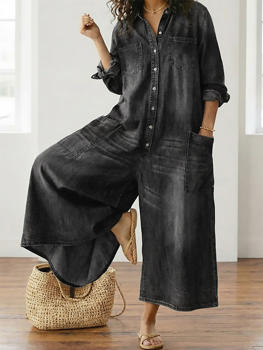 Diana | Vintage washed soft cotton denim button-up jumpsuit