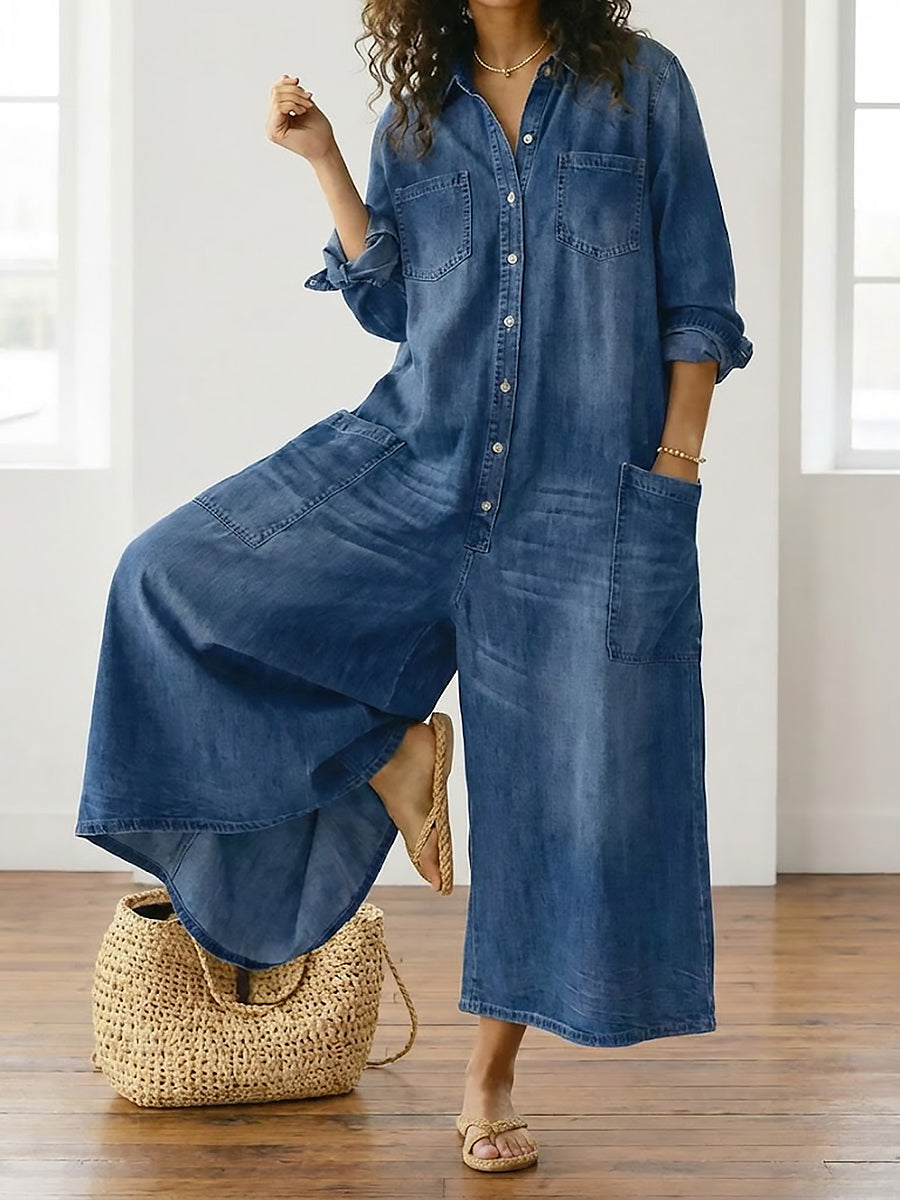 Diana | Vintage washed soft cotton denim button-up jumpsuit
