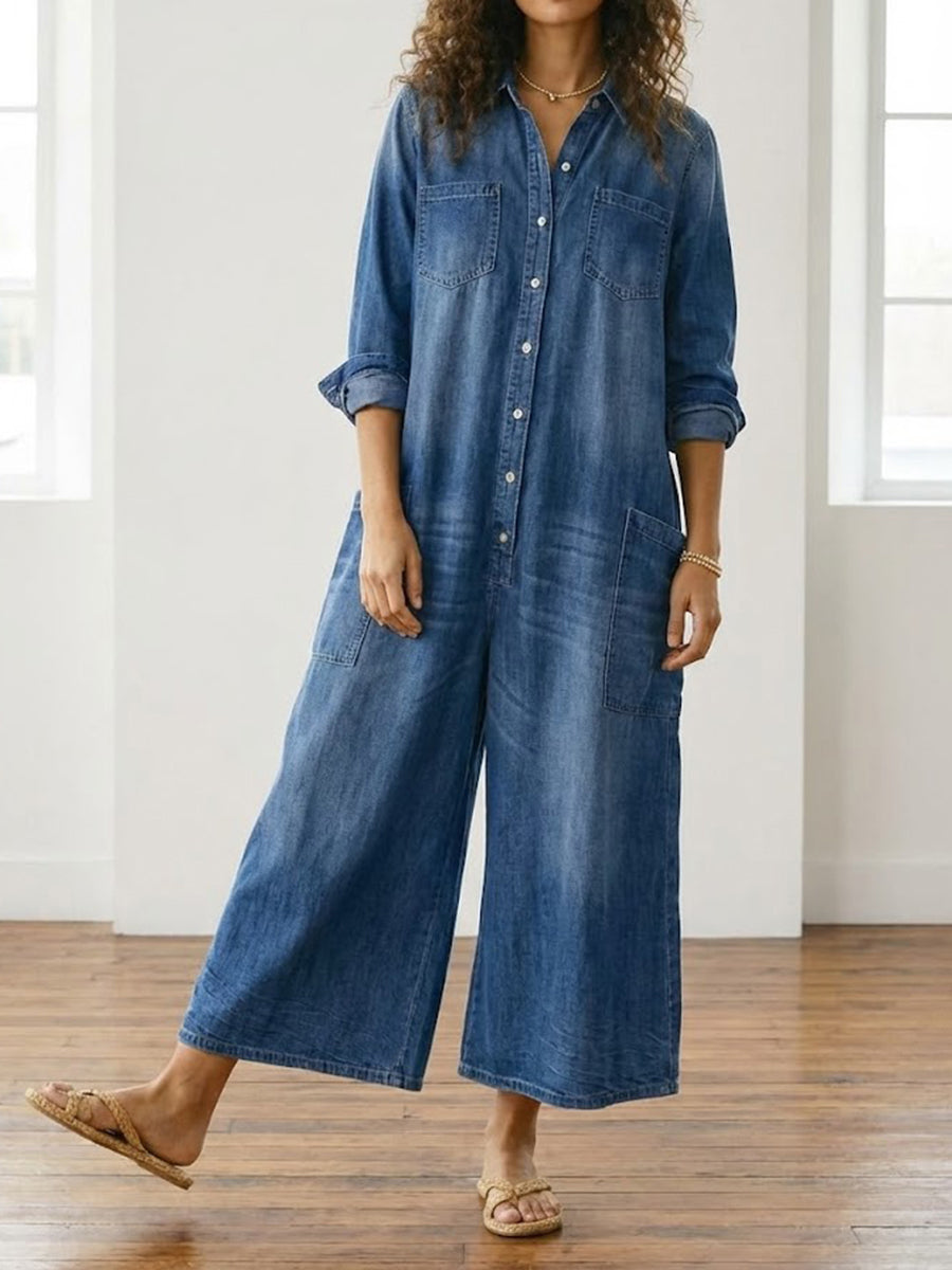 Diana | Vintage washed soft cotton denim button-up jumpsuit