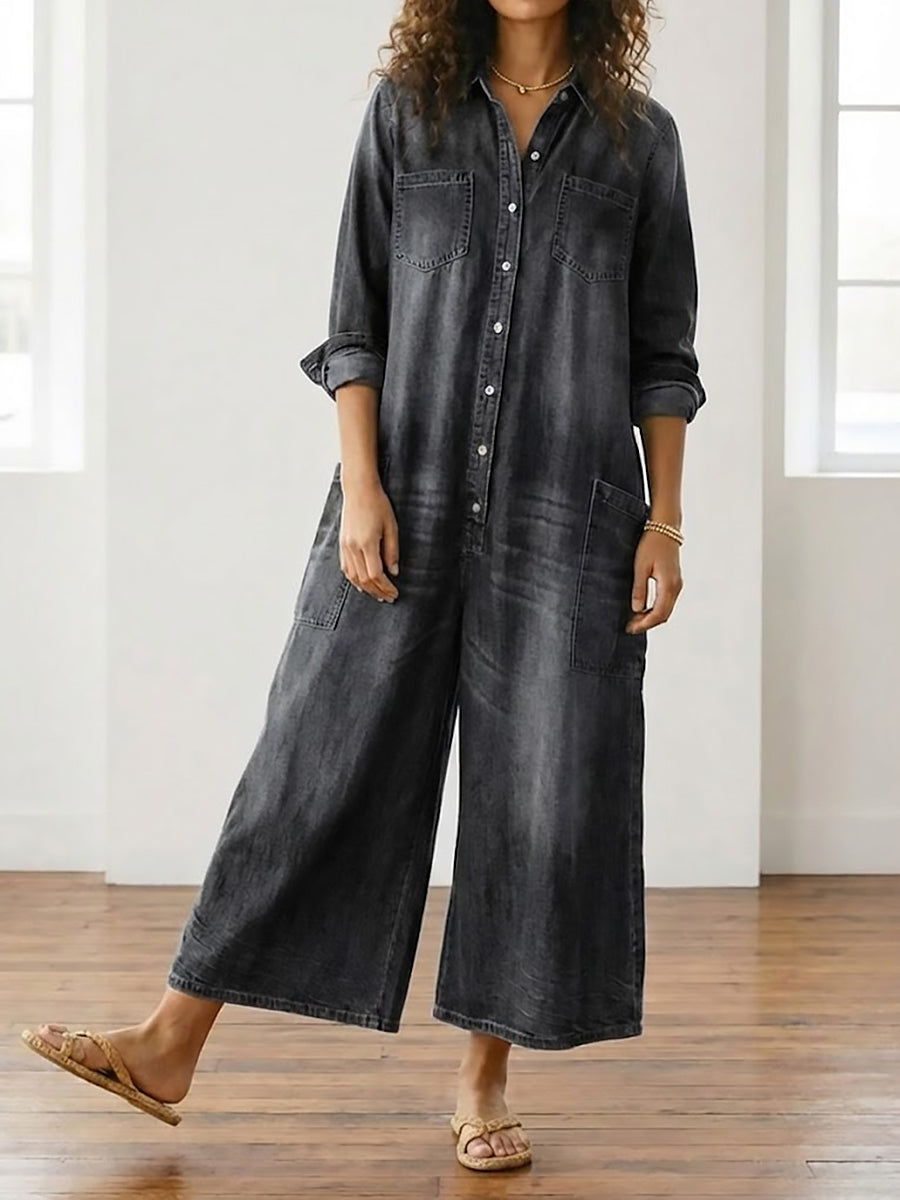 Diana | Vintage washed soft cotton denim button-up jumpsuit