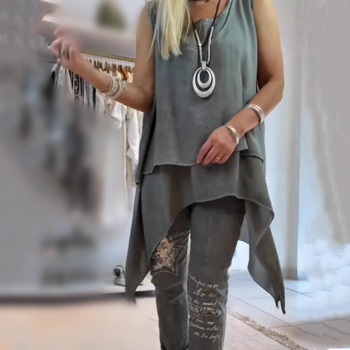 MIREYA™ - Asymmetrical Top & Floral Trousers Set