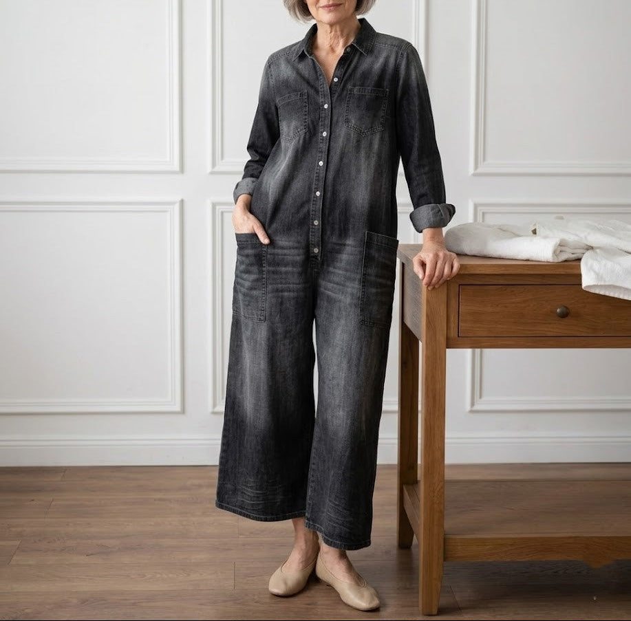 Diana | Vintage washed soft cotton denim button-up jumpsuit