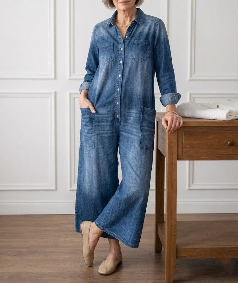 Diana | Vintage washed soft cotton denim button-up jumpsuit